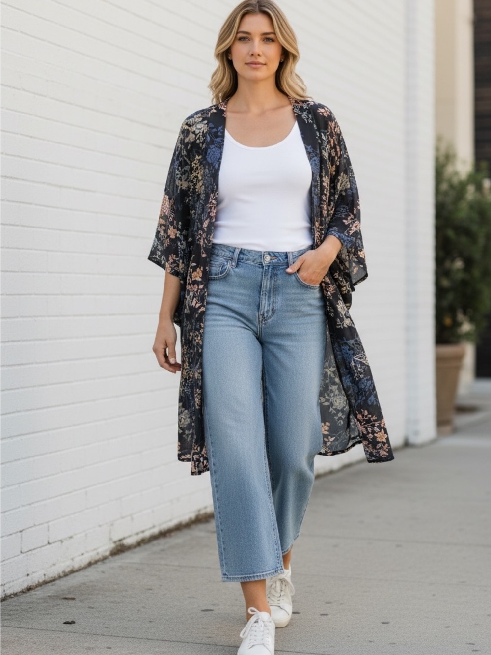 Tahari S/M Navy Floral Kimono Cover Up Blue & Pink Summer Top
